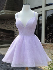 Small Wedding Ideas, Simple Purple V Neck Tulle Short Prom Dresses, Purple Homecoming Dresses