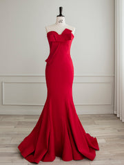 Homecoming Dress With Tulle, Simple Red Satin Mermaid Long Prom Dress, Red Formal Evening Dress