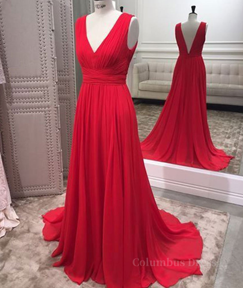 Bridesmaids Dresses Under 103, Simple Red V Neck and V Back Chiffon Long Prom Dress, V Neck Red Long Evening Dress, Red Formal Dress, Graduation Dress