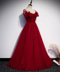 Homecoming Dress Lace, Simple Round Neck Tulle Burgundy Long Prom Dress, Burgundy Formal Dresses