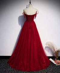 Homecomming Dresses Lace, Simple Round Neck Tulle Burgundy Long Prom Dress, Burgundy Formal Dresses