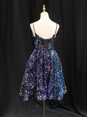 Evening Dress Designer, Simple Sequin Blue Short Prom Dress, Blue Homecoming Dress