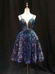 Evening Dress Designers, Simple Sequin Blue Short Prom Dress, Blue Homecoming Dress