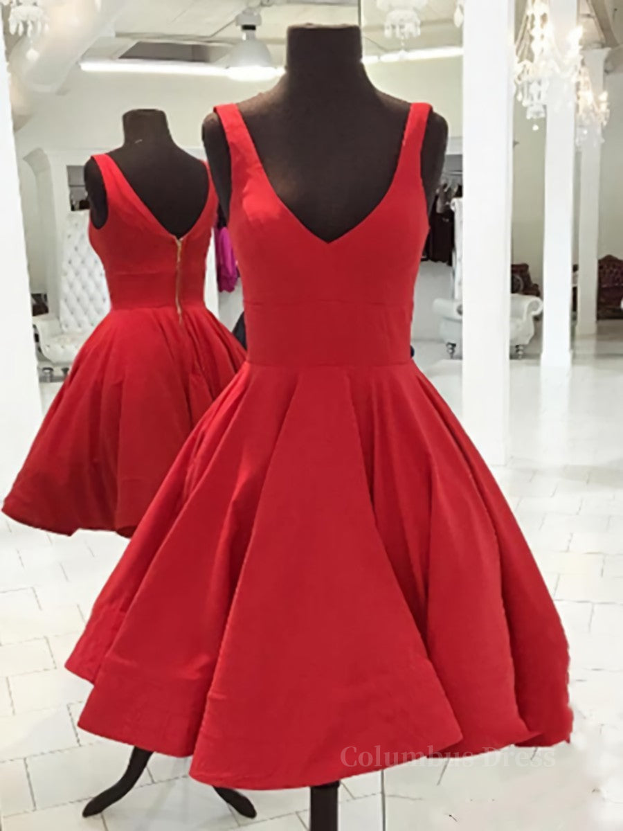 Bridesmaid Dress Peach, Simple Short V Neck Red Satin Prom Dresses, Short Red Formal Homecoming Dresses
