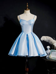 Summer Wedding Color, Simple Sweetheart Neck Satin Short Blue Prom Dresses, Puffy Blue Homecoming Dresses