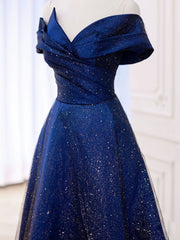 Prom Dresses Pattern, Simple Tulle Satin Dark Blue Long Prom Dress, Blue Formal Evening Dress