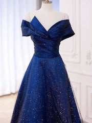 Prom Dresses Patterns, Simple Tulle Satin Dark Blue Long Prom Dress, Blue Formal Evening Dress