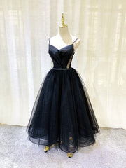 Formal Dresses For Winter, Simple Tulle Tea Length Black Prom Dress, Black Homecoming Dress