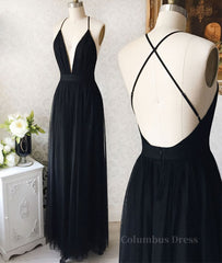 Evenning Dress For Wedding Guest, Simple v neck black tulle long prom dress, black evening dress