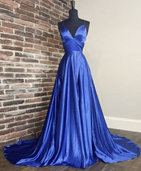 Sundress, Simple V Neck Blue Satin Long Prom Dress Blue Formal Dress
