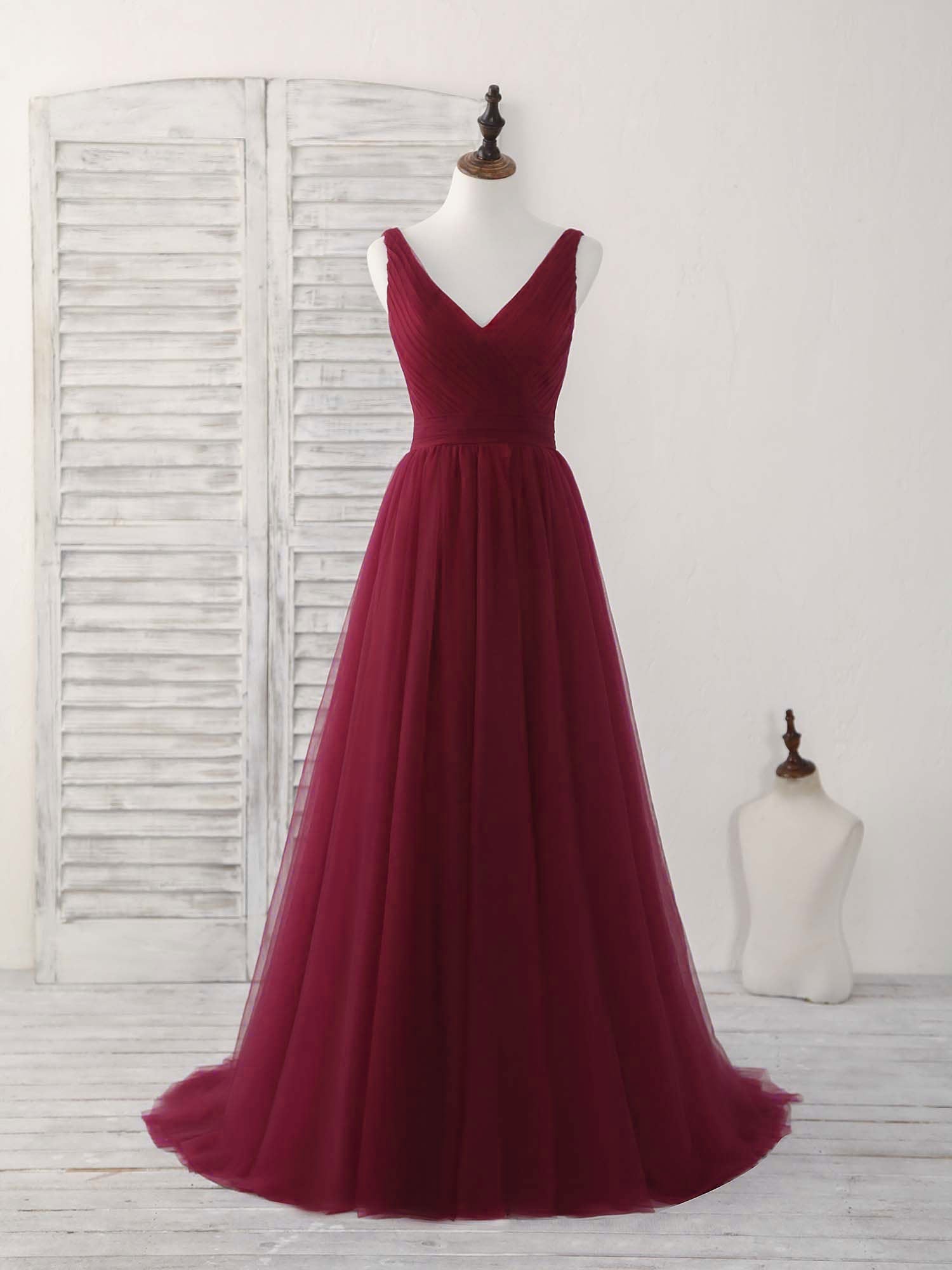 Bridesmaid Dresses Color Palette, Simple V Neck Burgundy Tulle Long Prom Dress Burgundy Evening Dress