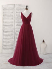 Bridesmaid Dresses Color Palette, Simple V Neck Burgundy Tulle Long Prom Dress Burgundy Evening Dress