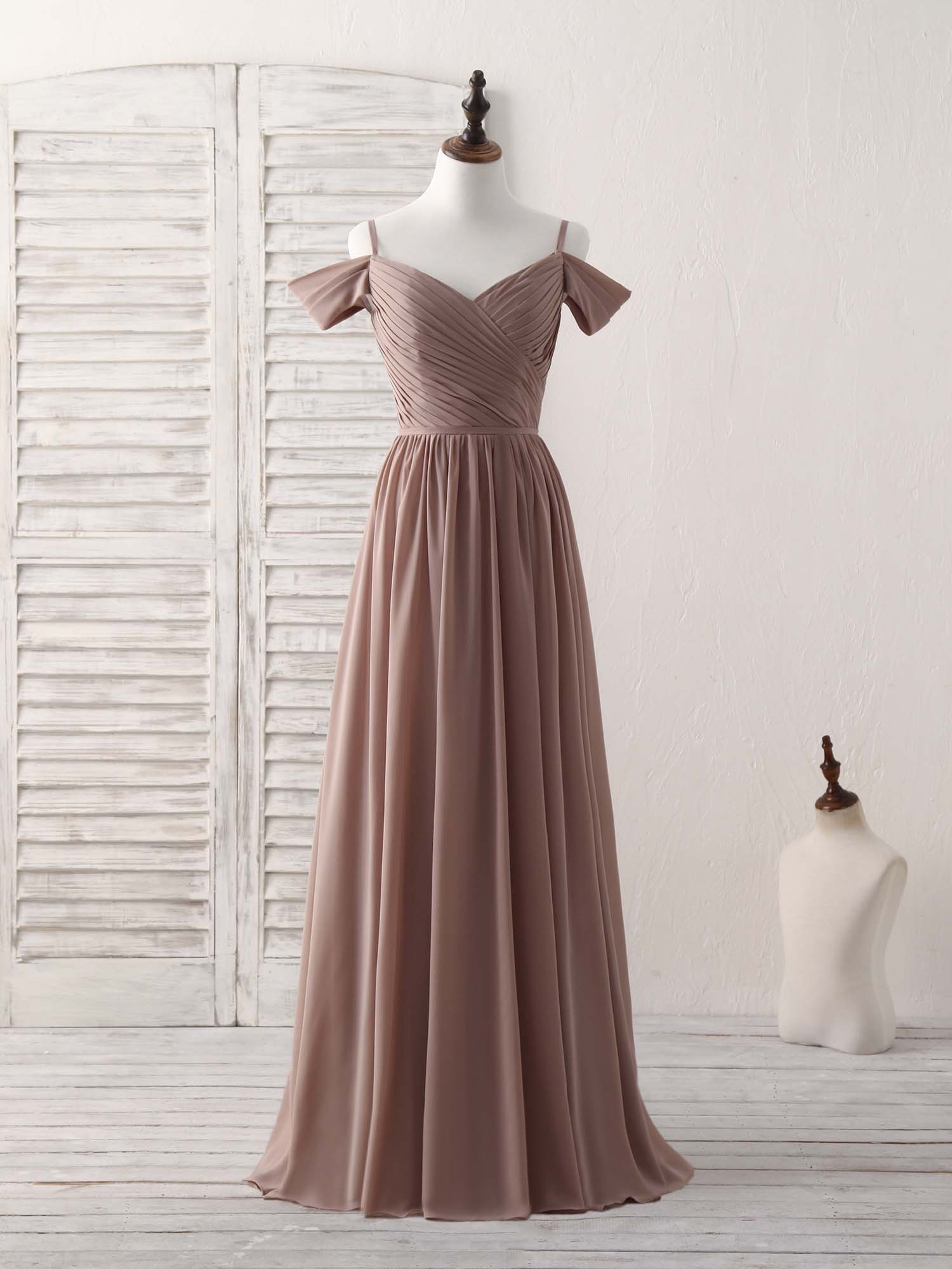 Party Dress Set, Simple V Neck Dark Champagne Chiffon Long Prom Dress, Bridesmaid Dress