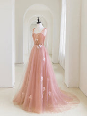 Prom Dress Long Elegent, Simple v neck pink tulle long prom dress, pink evening dress