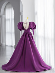 Party Dress Online, Simple V Neck Puffy Sleeves Satin Long Prom Dress, Satin Evening Dress
