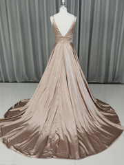 Bridesmaid Dresses Mismatched Neutral, Simple v neck satin champagne long prom dress champagne evening dress