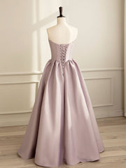 Homecoming Dress With Sleeves, Simple V Neck Satin Pink Long Prom Dress, Satin Formal Evening Dress