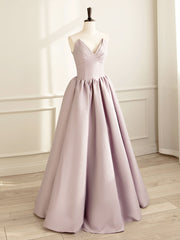 Homecomming Dress With Sleeves, Simple V Neck Satin Pink Long Prom Dress, Satin Formal Evening Dress