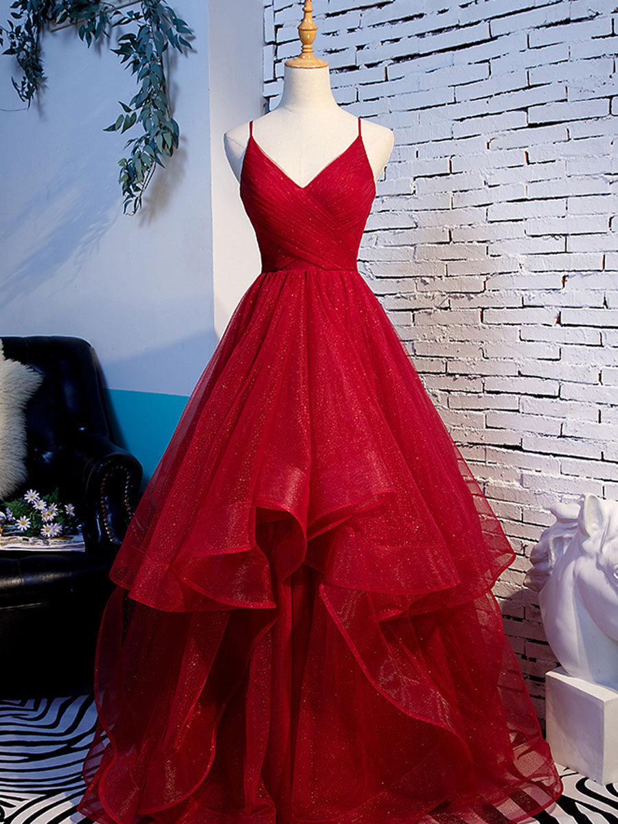 Party Dresses Fall, Simple V Neck Tulle Burgundy Long Prom Dress, Burgundy Formal Graduation Dresses