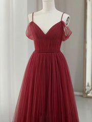 Party Dress Australian, Simple V neck Tulle Burgundy Long Prom Dress, Burgundy Tulle Formal Dresses