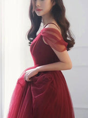 Party Dresses With Sleeves, Simple V neck Tulle Burgundy Long Prom Dress, Burgundy Tulle Formal Dresses