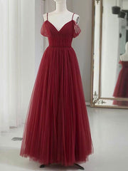 Party Dresses Australia, Simple V neck Tulle Burgundy Long Prom Dress, Burgundy Tulle Formal Dresses