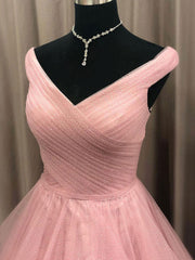 Party Dress Hair Style, Simple V Neck Tulle Long Pink Prom Dress, Pink Tulle Formal Dresses