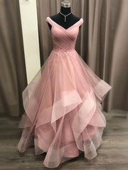 Party Dresses Styles, Simple V Neck Tulle Long Pink Prom Dress, Pink Tulle Formal Dresses