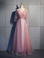 Party Dresses Near Me, Simple V Neck Tulle Sequin Long Prom Dress, A line Tulle Evening Dresses