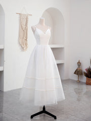 Party Dress Style Shop, Simple V Neck Tulle Tea Length White Prom Dress, White Bridesmaid Dress