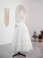 Party Dress In Store, Simple V Neck Tulle Tea Length White Prom Dress, White Bridesmaid Dress