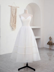Party Dress Fancy, Simple V Neck Tulle Tea Length White Prom Dress, White Bridesmaid Dress