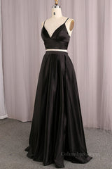 Formal Dresses Cheap, Simple V Neck Two Pieces Black Prom Dresses, 2 Pieces Black Long Formal Dresses, Black Evening Dresses