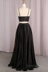 Formal Dresses Classy, Simple V Neck Two Pieces Black Prom Dresses, 2 Pieces Black Long Formal Dresses, Black Evening Dresses