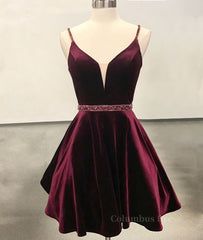 Evening Dresses Off The Shoulder, Simple v neck velvet short burgundy prom dress, burgundy homecoming dress