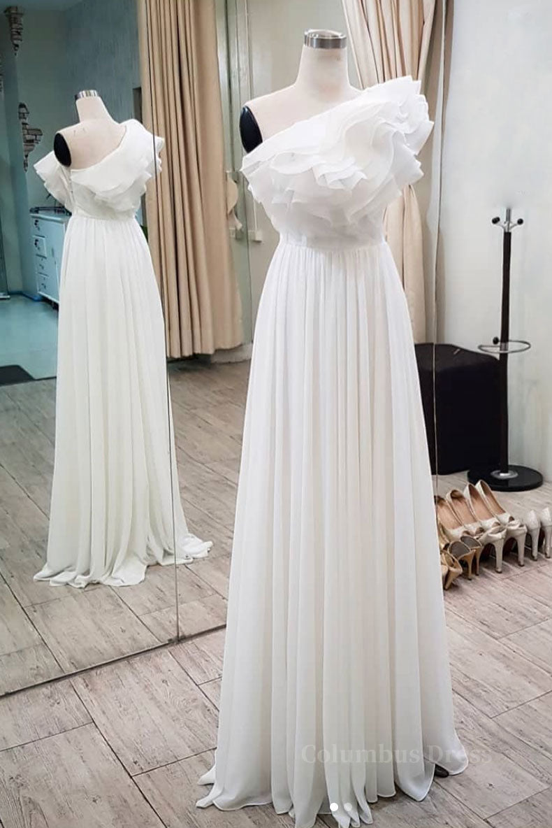 Homecoming Dresses Websites, Simple white chiffon long prom dress, white evening dress