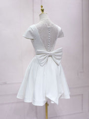 Pink Formal Dress, Simple White V Neck Lace Short Prom Dress, White Bridesmaid Dress