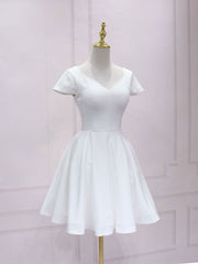 19 Th Grade Dance Dress, Simple White V Neck Lace Short Prom Dress, White Bridesmaid Dress