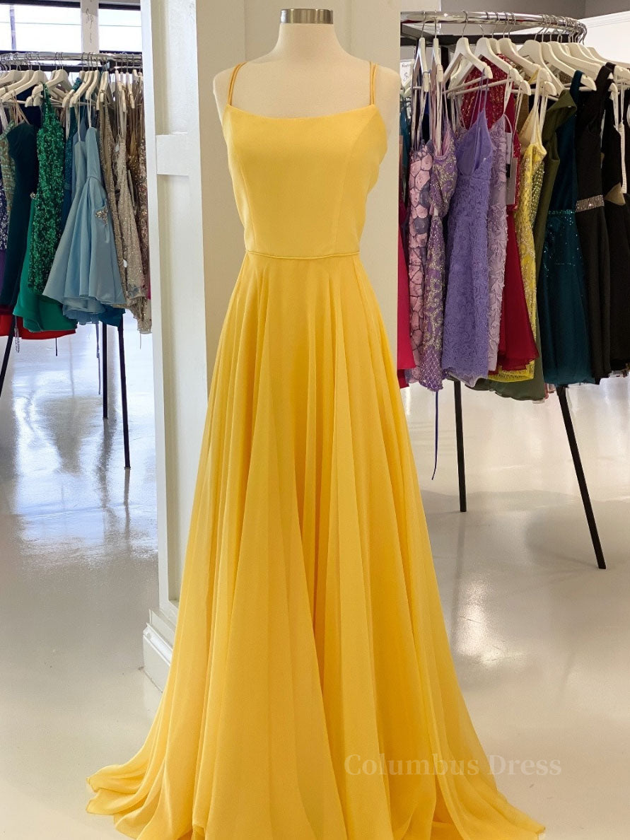 Homecoming Dresses Pockets, Simple yellow chiffon long prom dress, yellow formal dress
