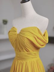 Party Dress For Cocktail, Simple Yellow Off Shoulder Long Prom Dress, Yellow Chiffon Graduation Dresses