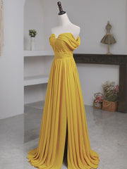 Party Dresses Summer Dresses 2033, Simple Yellow Off Shoulder Long Prom Dress, Yellow Chiffon Graduation Dresses