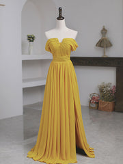 Party Dresses Mini, Simple Yellow Off Shoulder Long Prom Dress, Yellow Chiffon Graduation Dresses