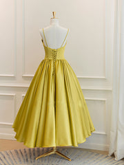 On Shoulder Dress, Simple Yellow Satin Tea Length Prom Dress, Yellow Homecoming Dress