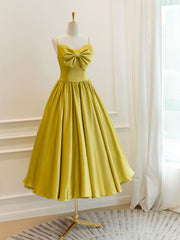 Prom Ideas, Simple Yellow Satin Tea Length Prom Dress, Yellow Homecoming Dress