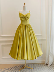 Evening Dress Long, Simple Yellow Satin Tea Length Prom Dress, Yellow Homecoming Dress