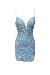 Prom Dress Shiny, Cute Bodycon V Neck Blue Lace Homecoming Dresses