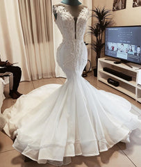 Wedding Dress Shoe, Sleeveless Beads Appliques Mermaid Wedding Dresses Sheer Tulle V neck Tulle Bridal Gowns