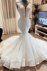 Wedding Dresses Cost, Sleeveless Beads Appliques Mermaid Wedding Dresses Sheer Tulle V neck Tulle Bridal Gowns