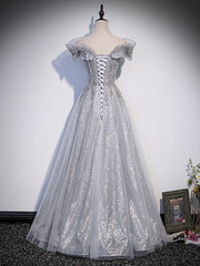 Prom Dresses Fitting, Sliver-Grey Shiny Tulle Off Shoulder  Prom Dress, Sliver Long Party Dresses