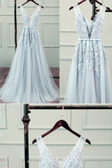 Wedding Pictures Ideas, Sliver-Grey Tulle Long Lace V-neckline Party Dress, Floor Length Prom Dress